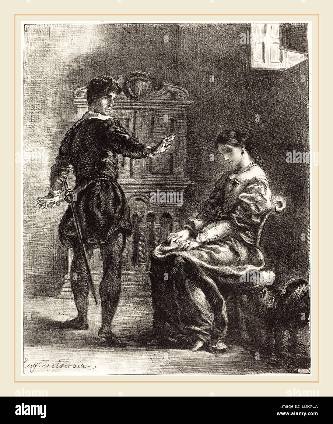 Eugène Delacroix (Français, 1798-1863), Hamlet et Ophélie (Acte III, scène I), 1834-1843, lithographie Banque D'Images