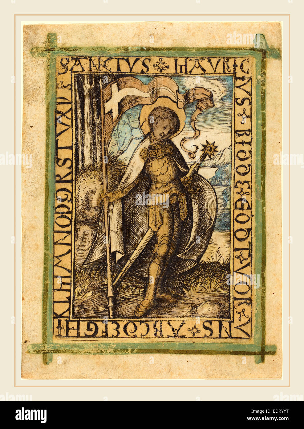 L'allemand du 15e siècle, Saint Maurice, ch. 1480-1490, gravure, colorées à la main Banque D'Images