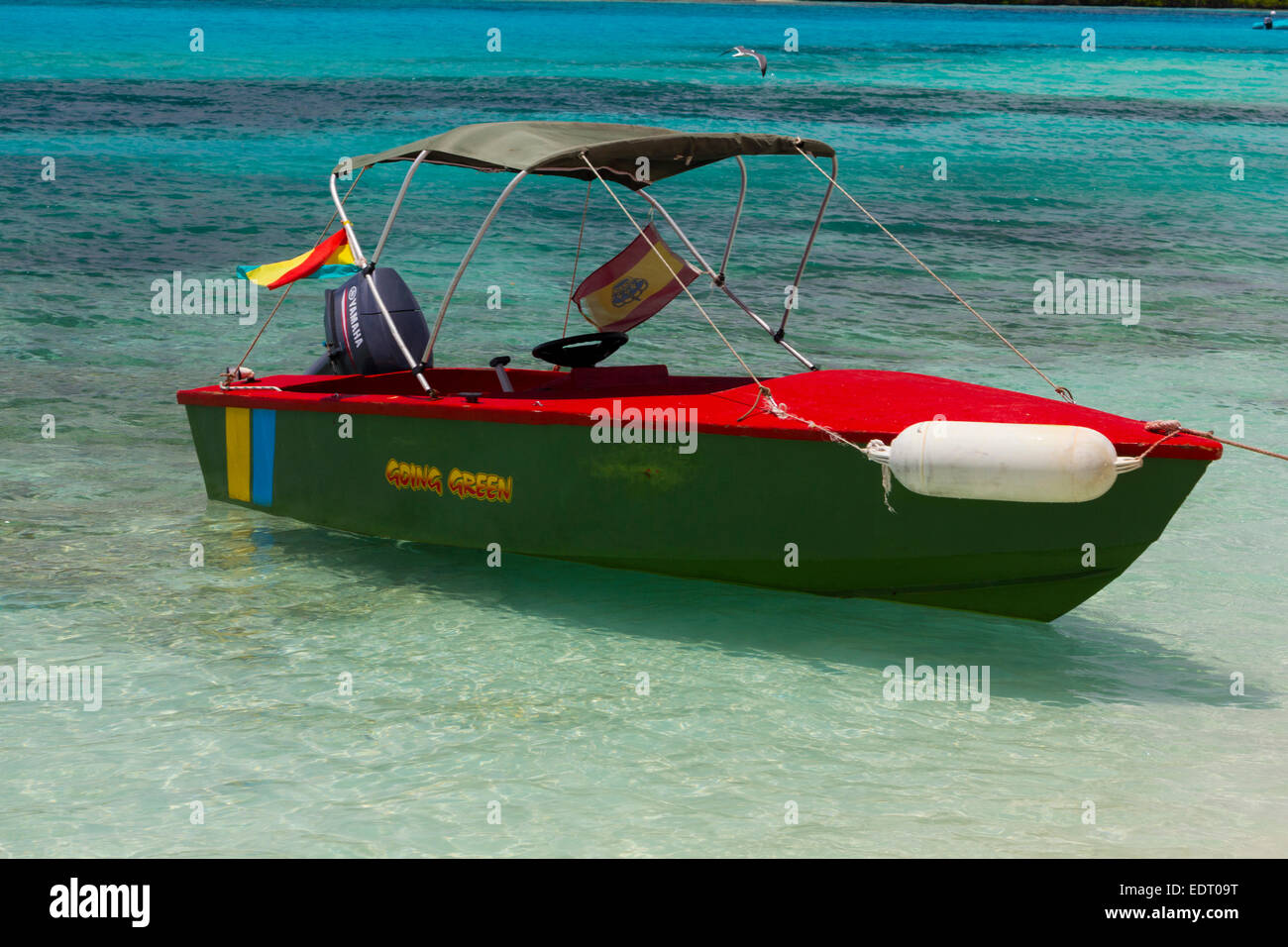 'Vert' ; Water Taxi amarré sur une plage tranquille sur une mer turquoise des Caraïbes à Petit Bateau, Tobago Cays, Grenadines. Banque D'Images