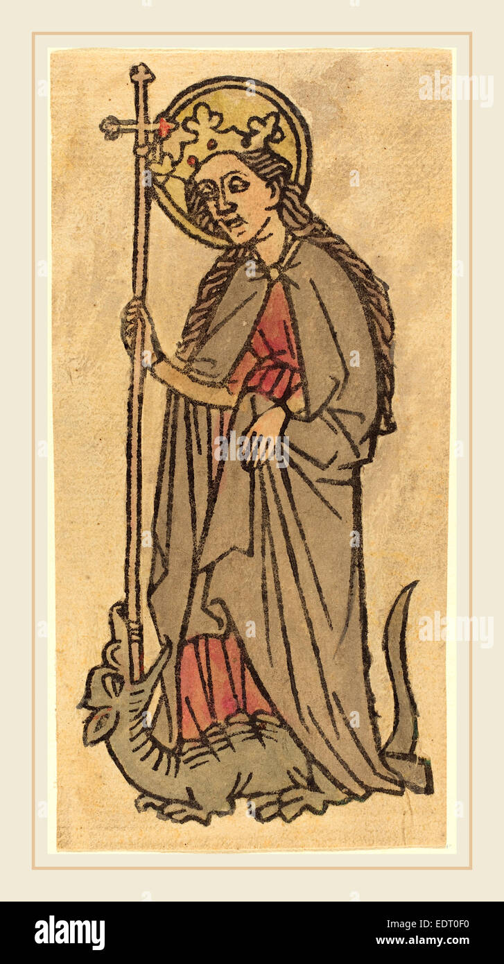 L'allemand du 15e siècle, Sainte Marguerite, ch. 1460, gravure sur bois, à la main, en gris, rose et jaune Banque D'Images