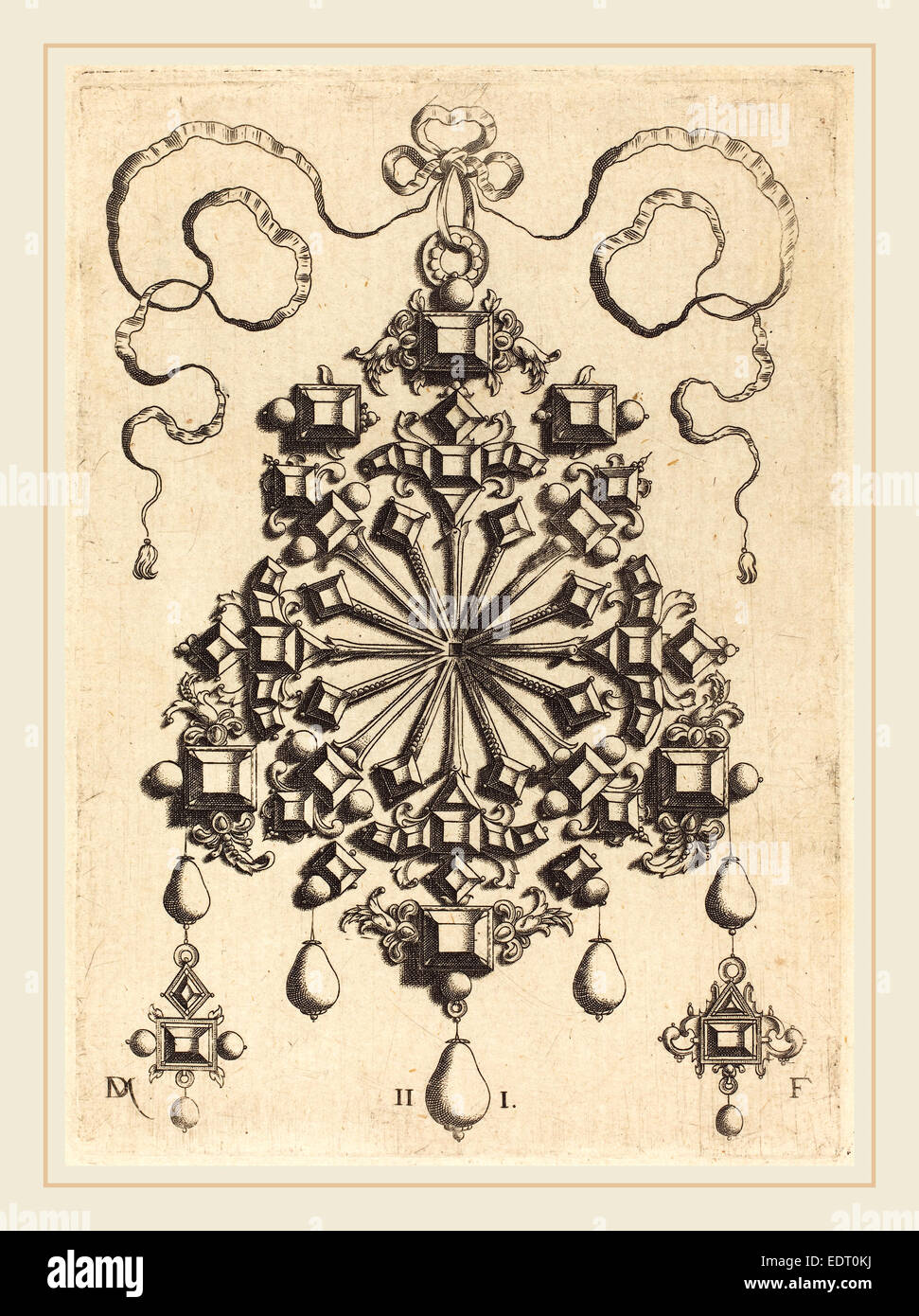 Daniel Mignot (allemand, actif 1593-1596), grand Pendentif avec étoile au centre, gravure Banque D'Images