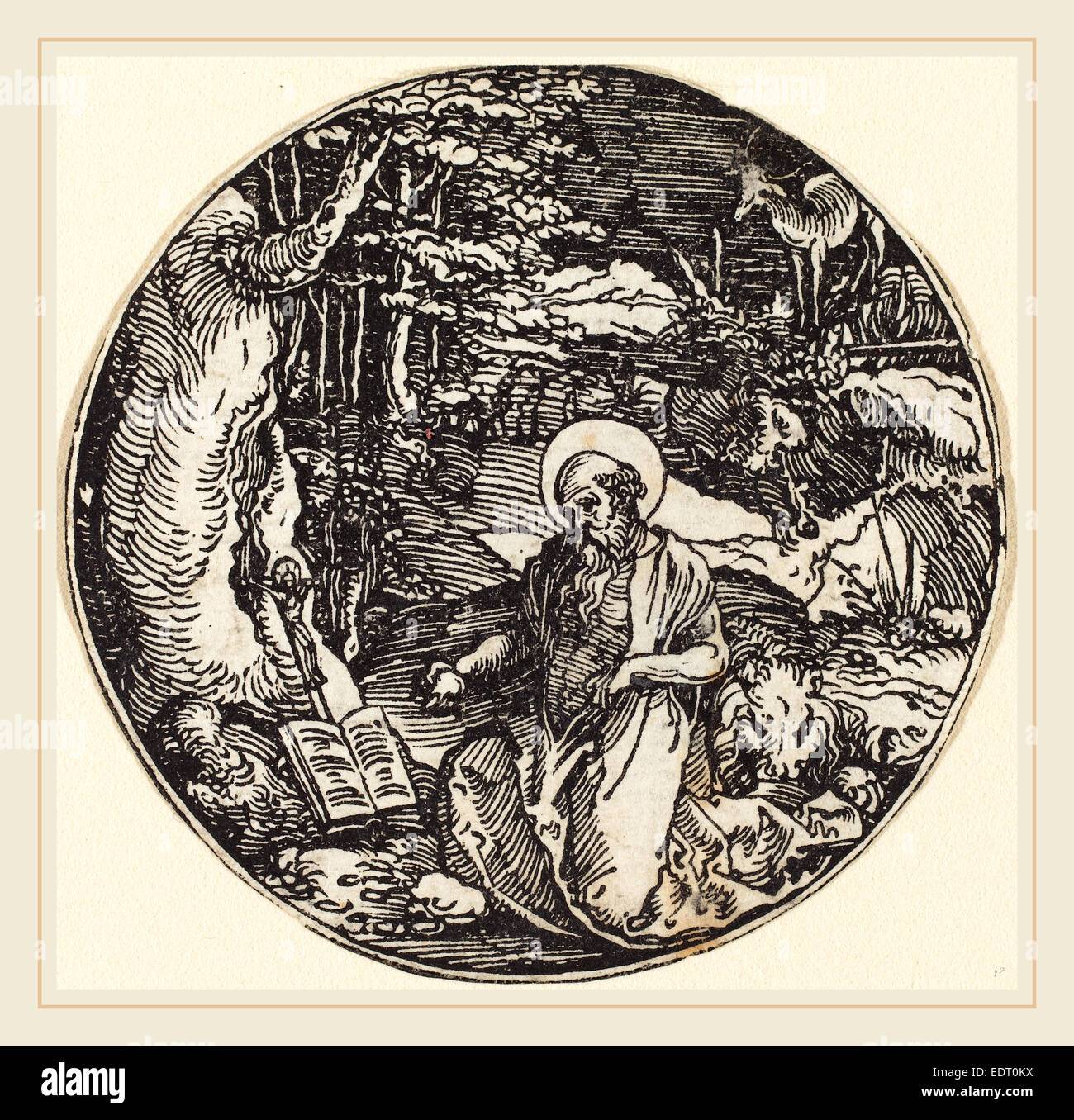 Attribuée à l'allemand ; Pourbus Frans (1512-1522), actif, Saint Jérôme dans la Pénitence, gravure sur bois Banque D'Images