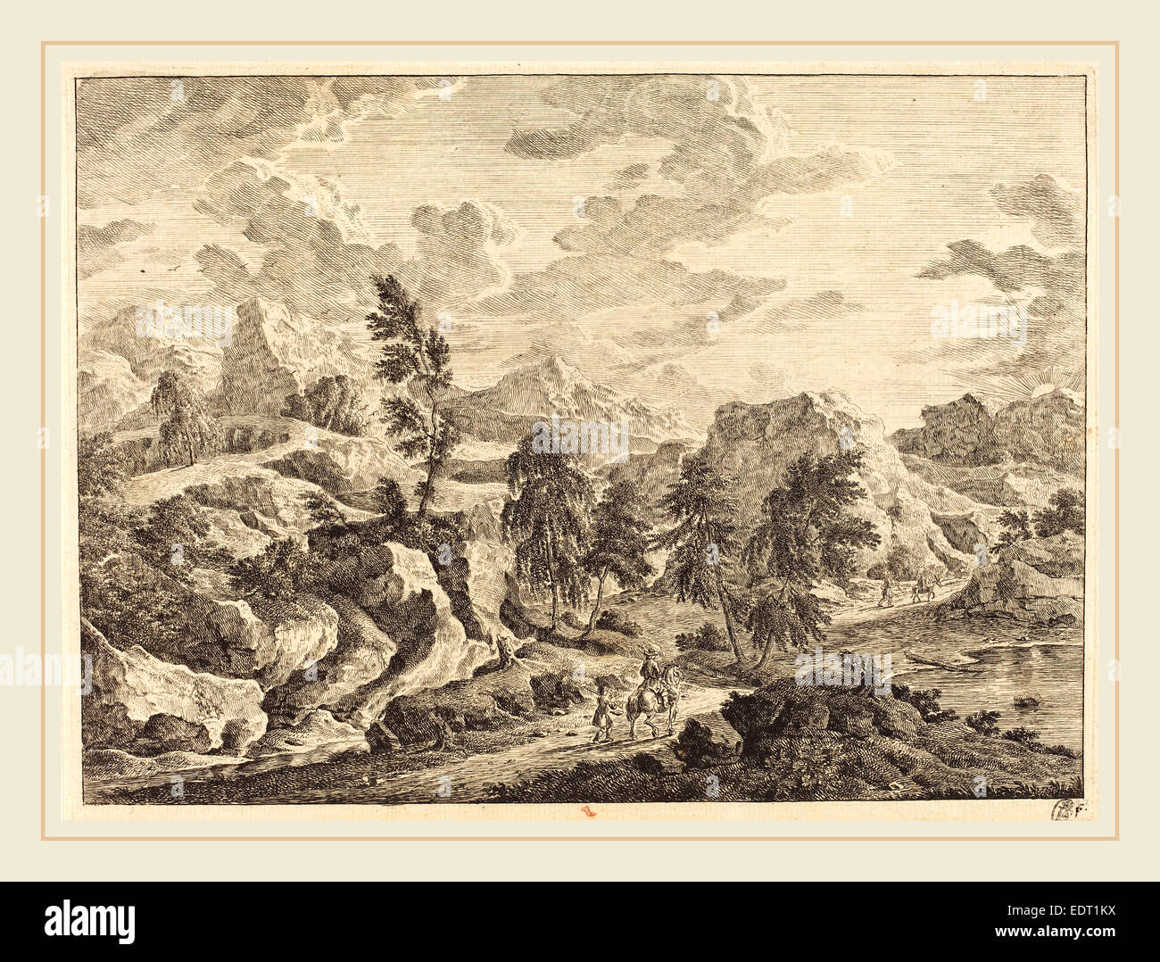 Eisenmann Georg (allemand, actif dernier tiers du xviiie siècle), Paysage avec le lever du soleil et d'un rider avec accompagnateur, de gravure Banque D'Images