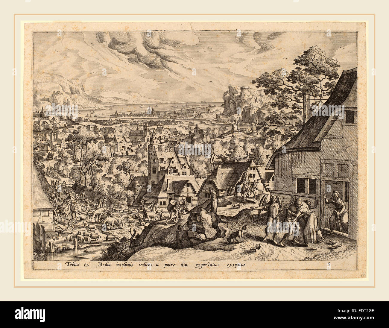 Gerard de Jode après Hans Bol (Flamand, 1509 ou 1517-1591), Tobias revient à la maison avec son épouse, la gravure Banque D'Images