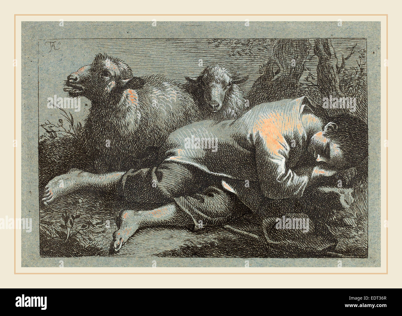 Francesco Londonio (italien, 1723-1783), paysan Garçon endormi près de deux moutons, 1758-1759, eau-forte rehaussée de blanc Banque D'Images