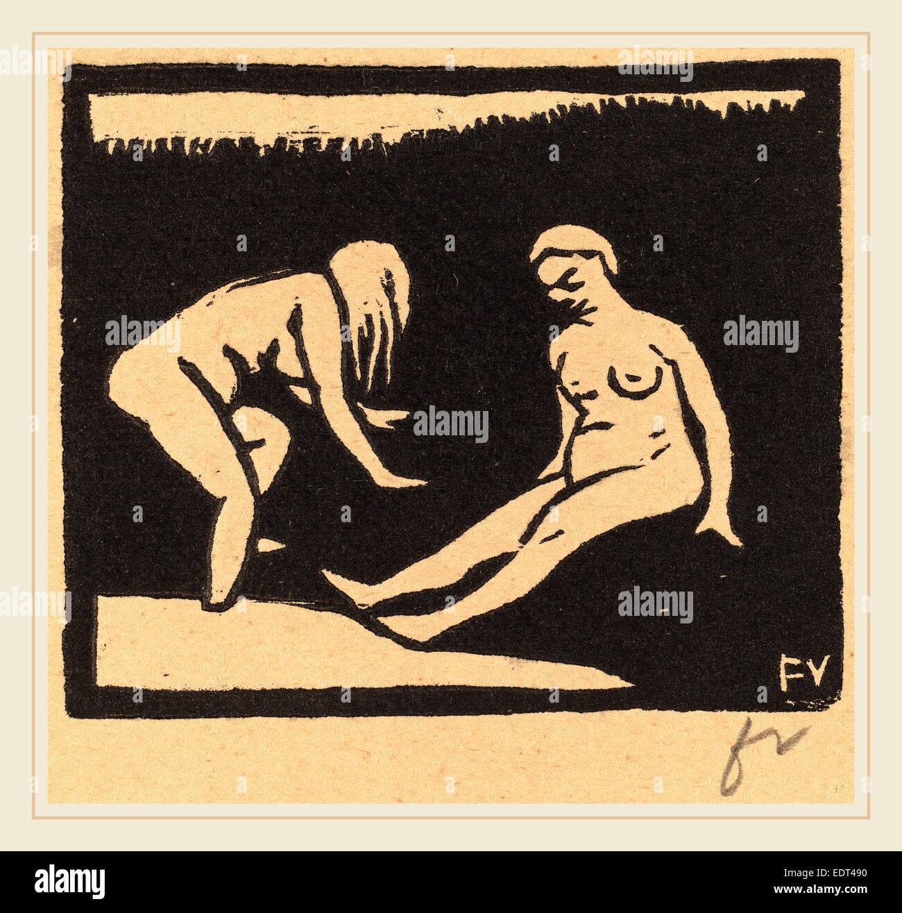 Félix Vallotton, laissant l'eau (la sortie du bain), Swiss, 1865-1925, 1893, gravure sur bois en noir sur papier vélin brun Banque D'Images