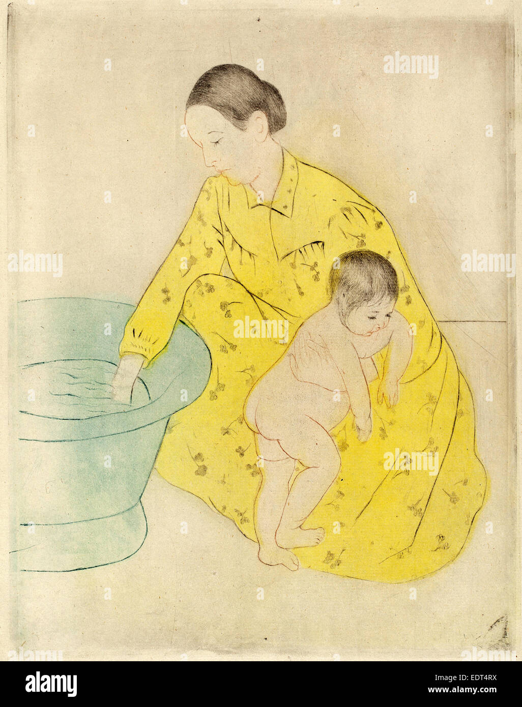 Mary Cassatt, la baignoire, cuisine américaine, 1844 - 1926, ch. 1891, pointe sèche et eau-forte en sol souple, bleu, jaune, noir et sanguine Banque D'Images