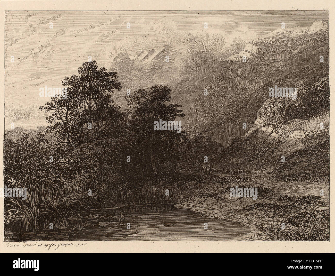 Alexandre Calame, au bord du lac, montagne, Suisse 1810 - 1864, 1840, eau-forte Banque D'Images