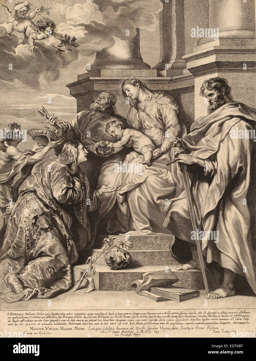 Paulus Pontius, d'après Sir Anthony Van Dyck (Flamand, 1603 - 1658), Saint Rosalia couronnée par l'Enfant Jésus, gravure Banque D'Images