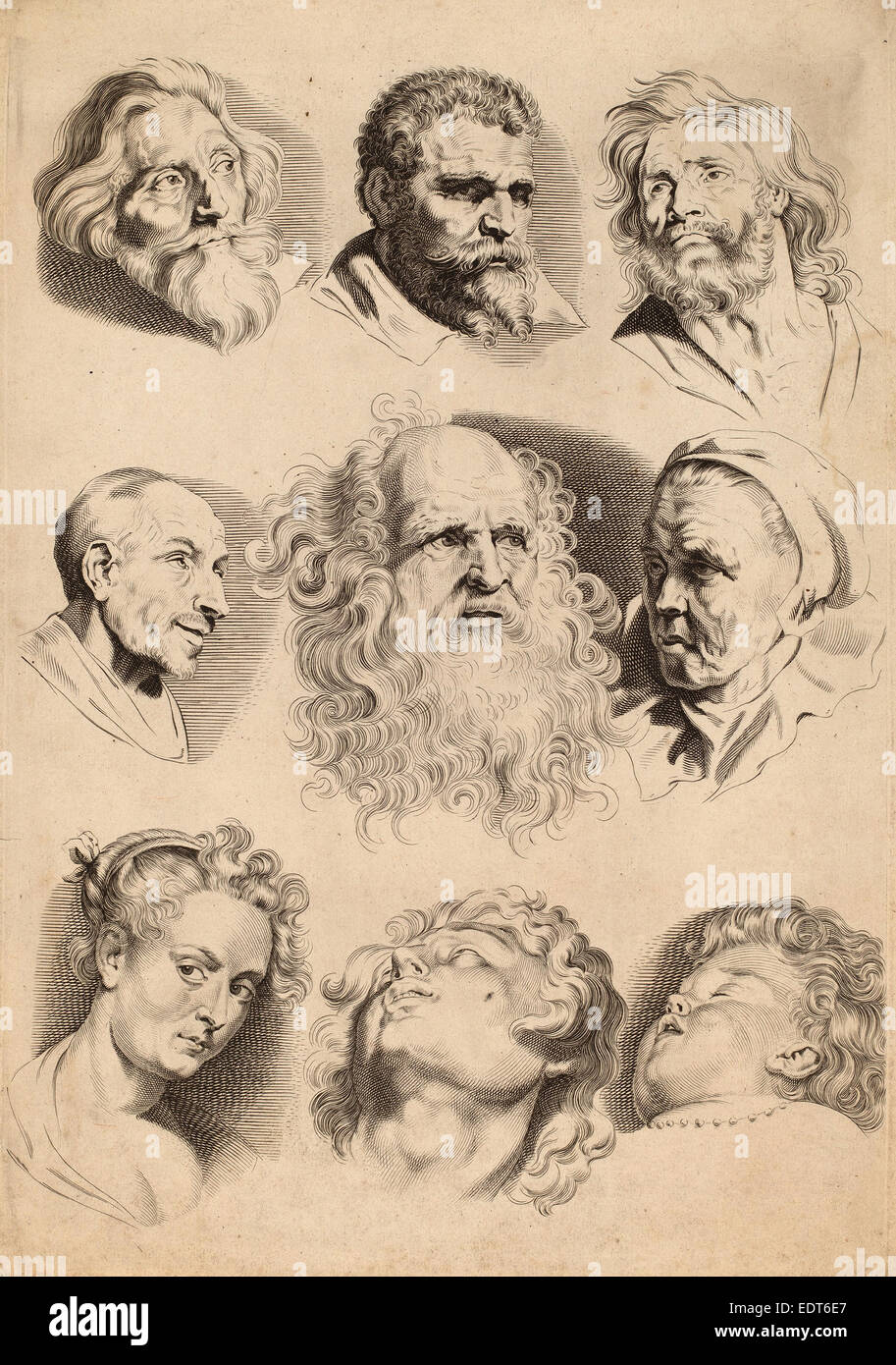 Paulus Pontius, d'après Sir Peter Paul Rubens (Flamand, 1603 - 1658), neuf chefs, gravure Banque D'Images