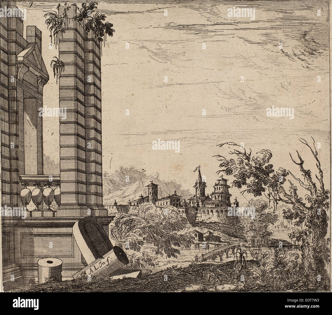 Attribué à Antonio Francesco (Gérant italien, né c. 1610), Paysage avec ruines, 17e siècle, la gravure Banque D'Images