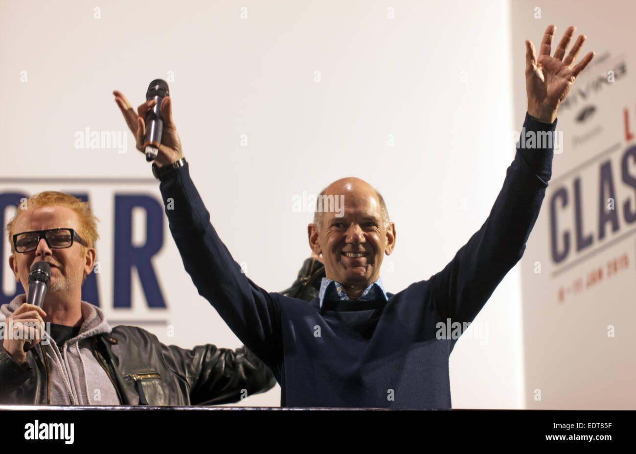 Chris Evans présente Adrien Newey lors de l'ouverture de la séance inaugurale Londres Salon de voitures à Excel sur 08.01.2015. Adrien, le plus réussi de tous les temps designer en Formule 1, a été mis à l'honneur à la London Classic Car Show. Banque D'Images