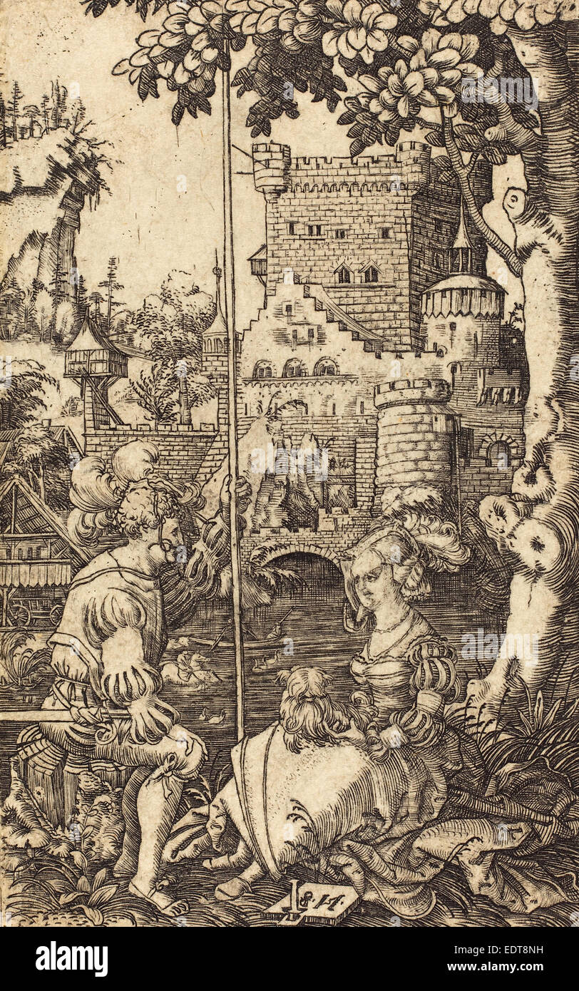 Master NS (allemand, actif première moitié 16e siècle), Chevalier et dame, gravure Banque D'Images