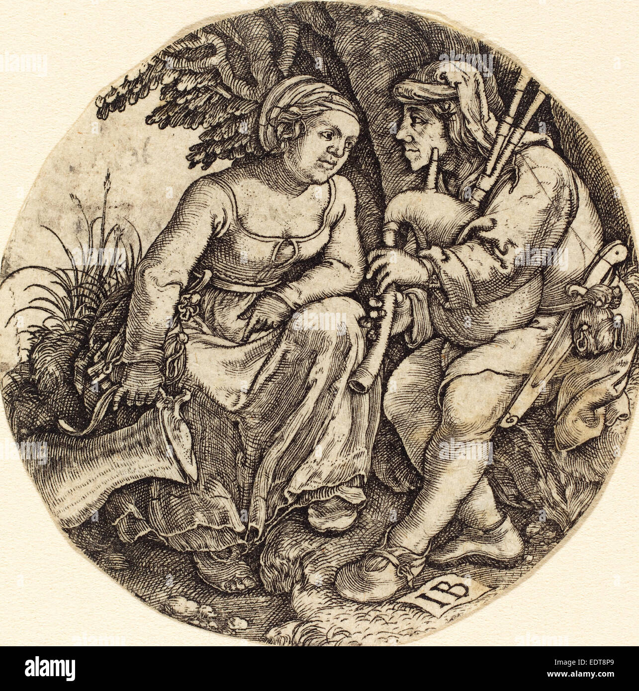 IB (allemand, maître c. active 1523-1530), joueur de cornemuse avec son amant, gravure Banque D'Images