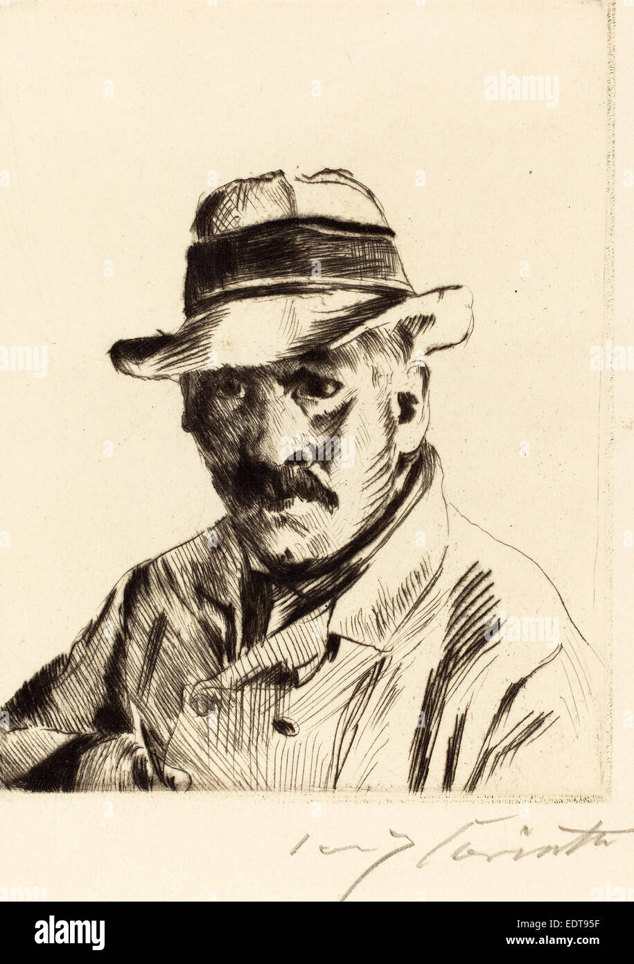 Lovis Corinth, Autoportrait dans un chapeau de paille (Selbstbildnis im Strohhut), allemand, 1858 - 1925, 1913, pointe sèche Banque D'Images