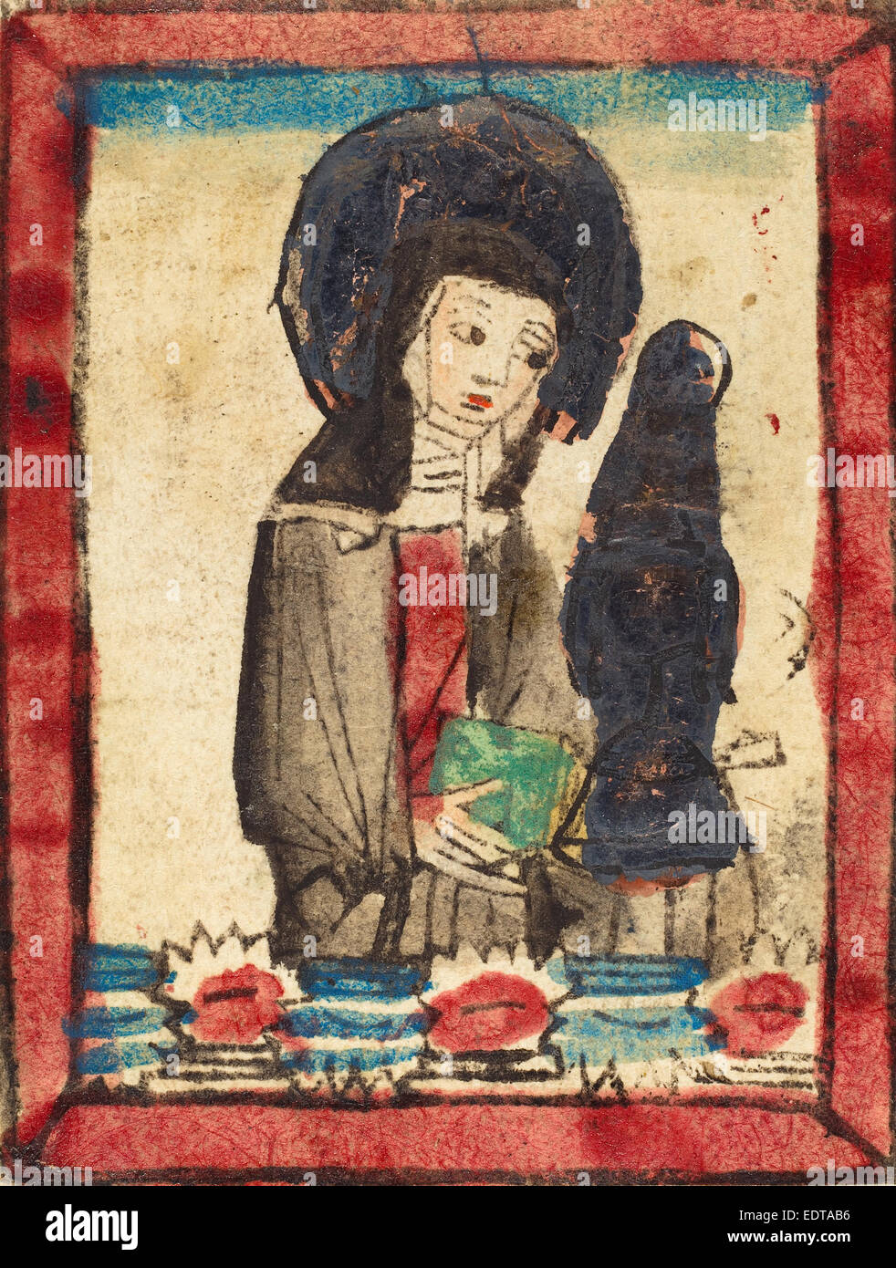 L'allemand du 15e siècle, sainte Claire d'Assise, 1450-1470, gravure sur bois, à la main, dans le vin rouge, bleu, vert, carmin, gris, et d'or Banque D'Images