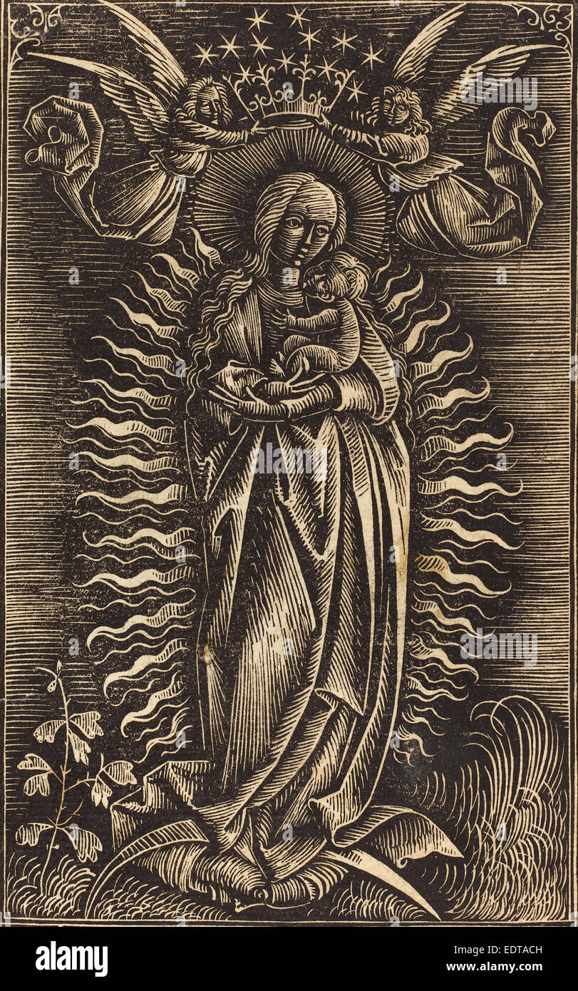 L'allemand du 15e siècle, la Vierge couronnée par deux anges, c. 1500, la ligne blanche la gravure sur bois Banque D'Images