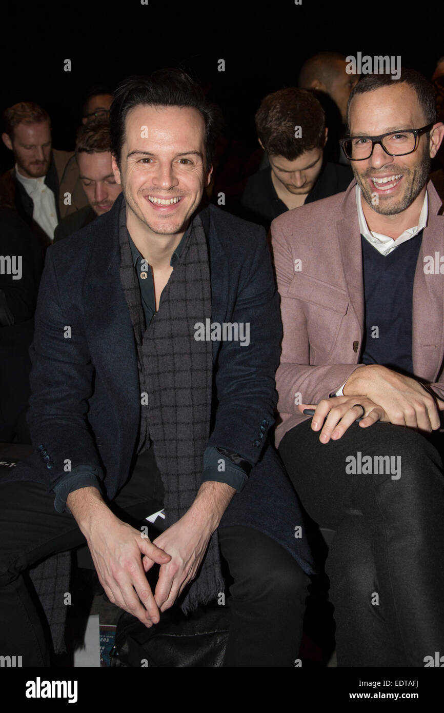 Londres, Royaume-Uni. 9 janvier 2015. En Photo : l'Acteur Andrew Scott. Première rangée des stars. Le défilé de Topman Design à l'espace d'exposition x Piemel : l'ancien bureau de tri ouvre la collection : les hommes de Londres fashion week à Londres. Photo : Alamy/CatwalkFashion Live News Banque D'Images