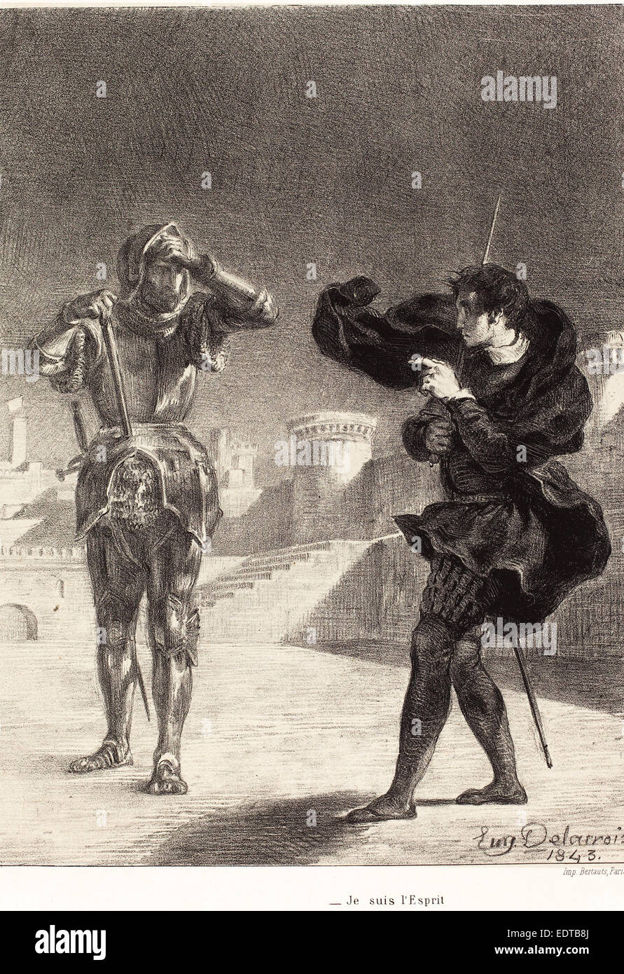 Eugène Delacroix (Français, 1798 - 1863), le fantôme sur la terrasse (Acte I, scène V), 1843, lithographie Banque D'Images