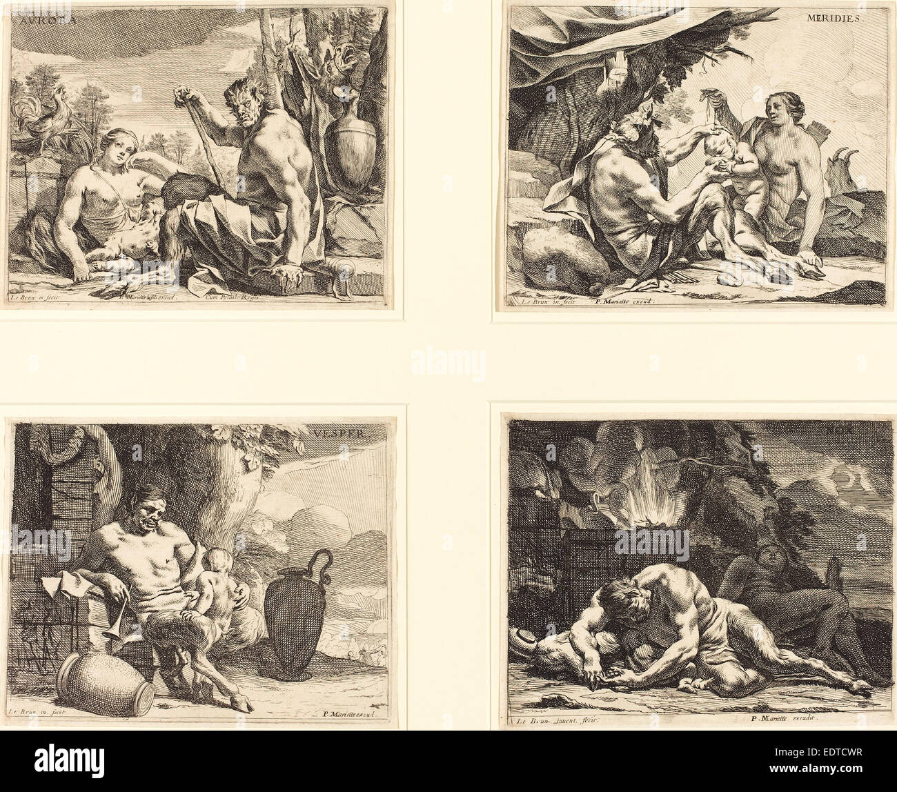 Charles Le Brun (Français, 1619 - 1690), les quatre moments de la journée, ch. 1640, série complète de quatre gravures avec gravure Banque D'Images