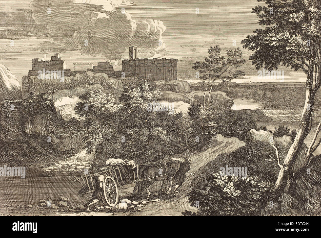 Sébastien Bourdon (Français, 1616 - 1671), Paysage avec Wagon, gravure Banque D'Images