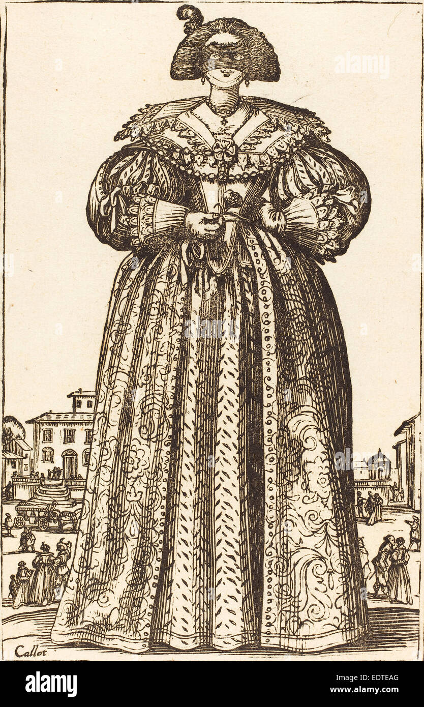 Après Jacques Callot, gravure sur bois, femme noble masqué Banque D'Images