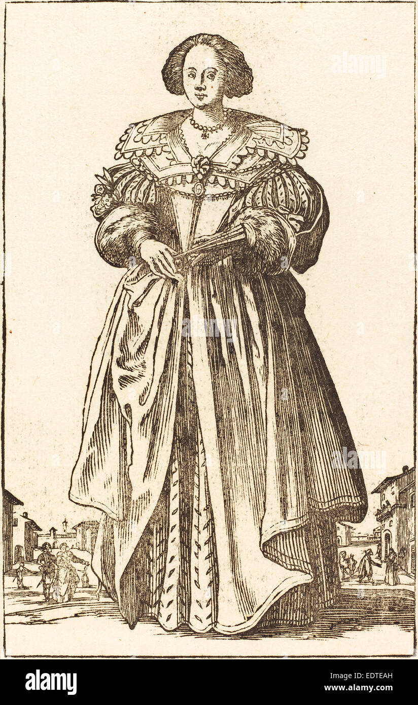 Après Jacques Callot, femme noble avec ventilateur, gravure sur bois Banque D'Images