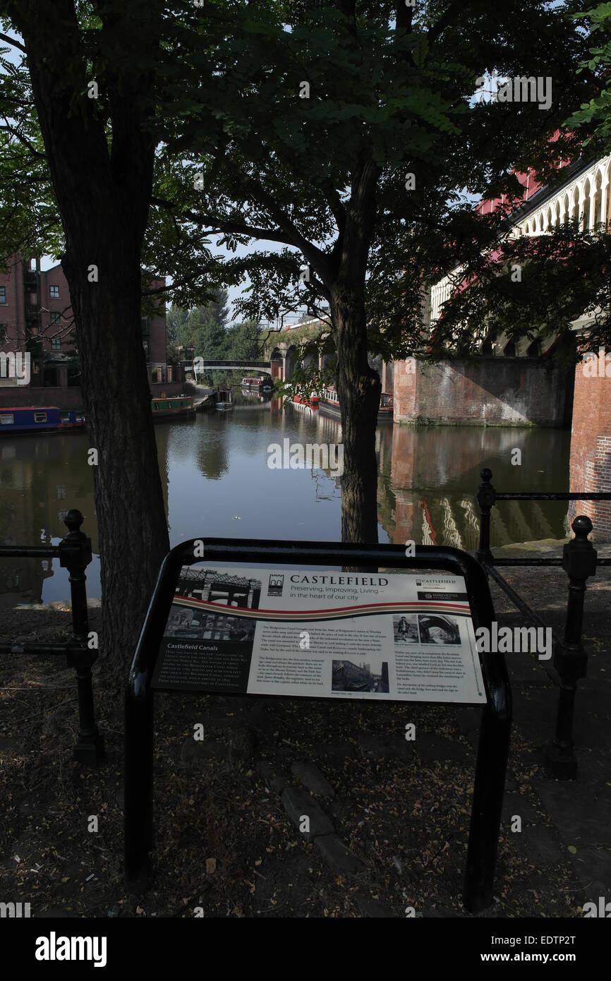 Portrait ensoleillée Canaux Castlefield Information Board, vers Canal de Bridgewater terminus, le Castlefield bassin du Canal, Manchester, UK Banque D'Images