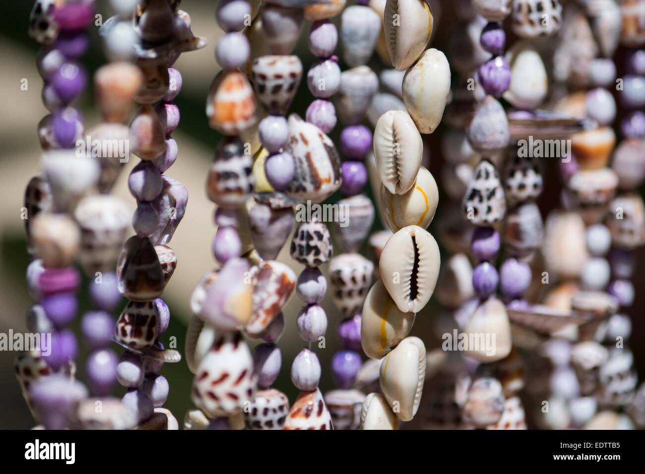 La Mélanésie, Vanuatu, Rano Island. Coquillage colorés et de semences colliers de souvenirs. Banque D'Images