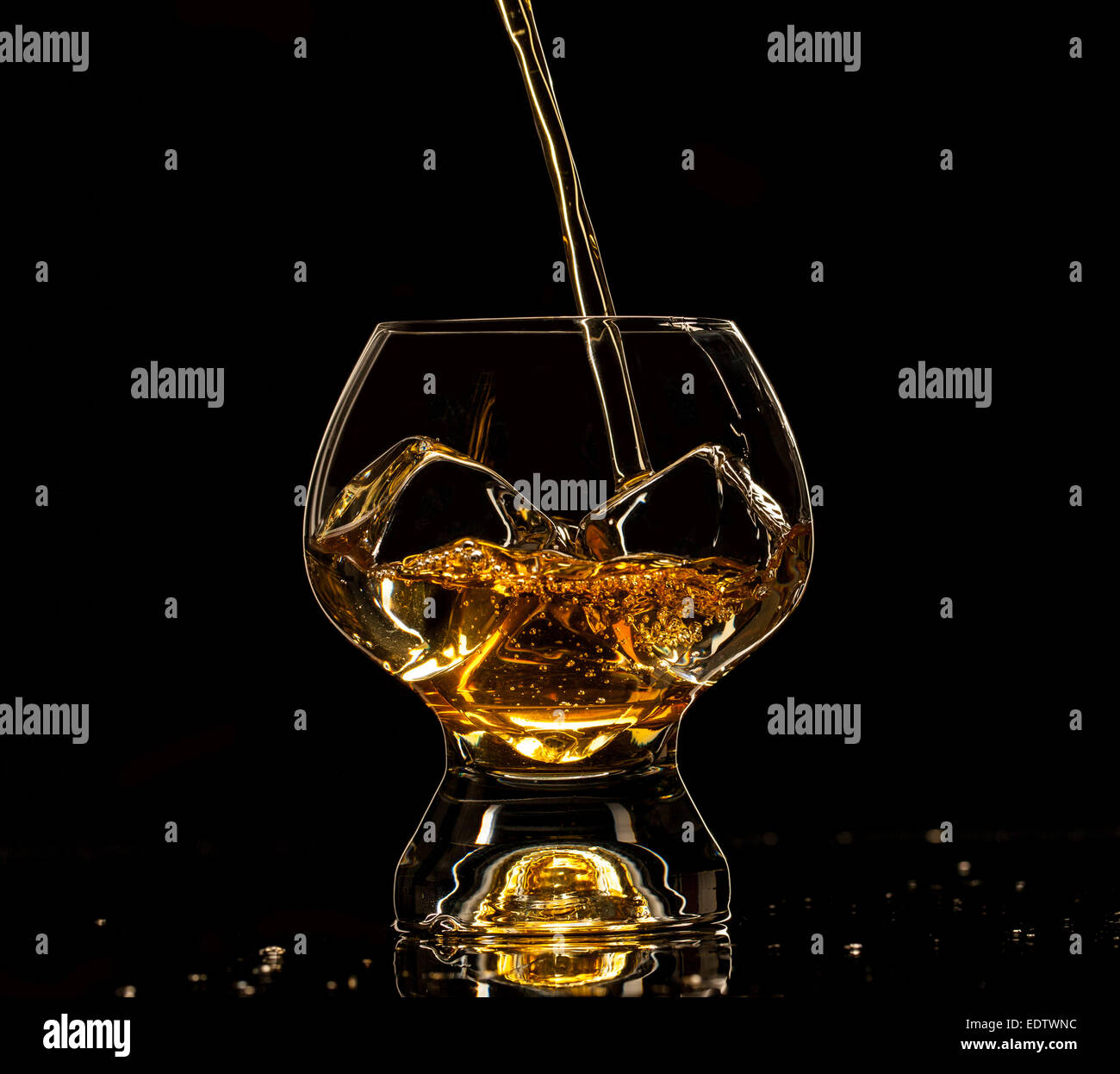 Shot de whiskey isolé avec splash sur fond noir Banque D'Images