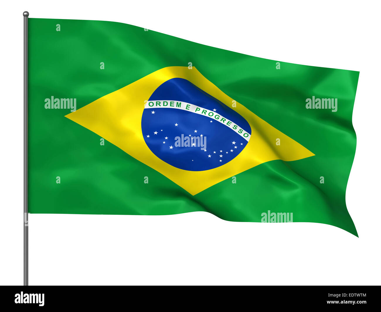 En agitant le drapeau brésilien isolated over white background Banque D'Images