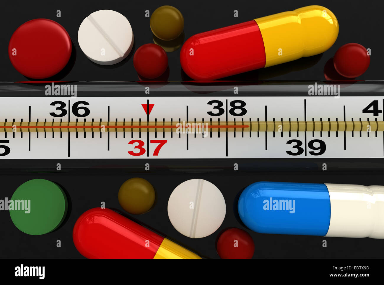 3D render of medical thermomètre et divers comprimés Banque D'Images