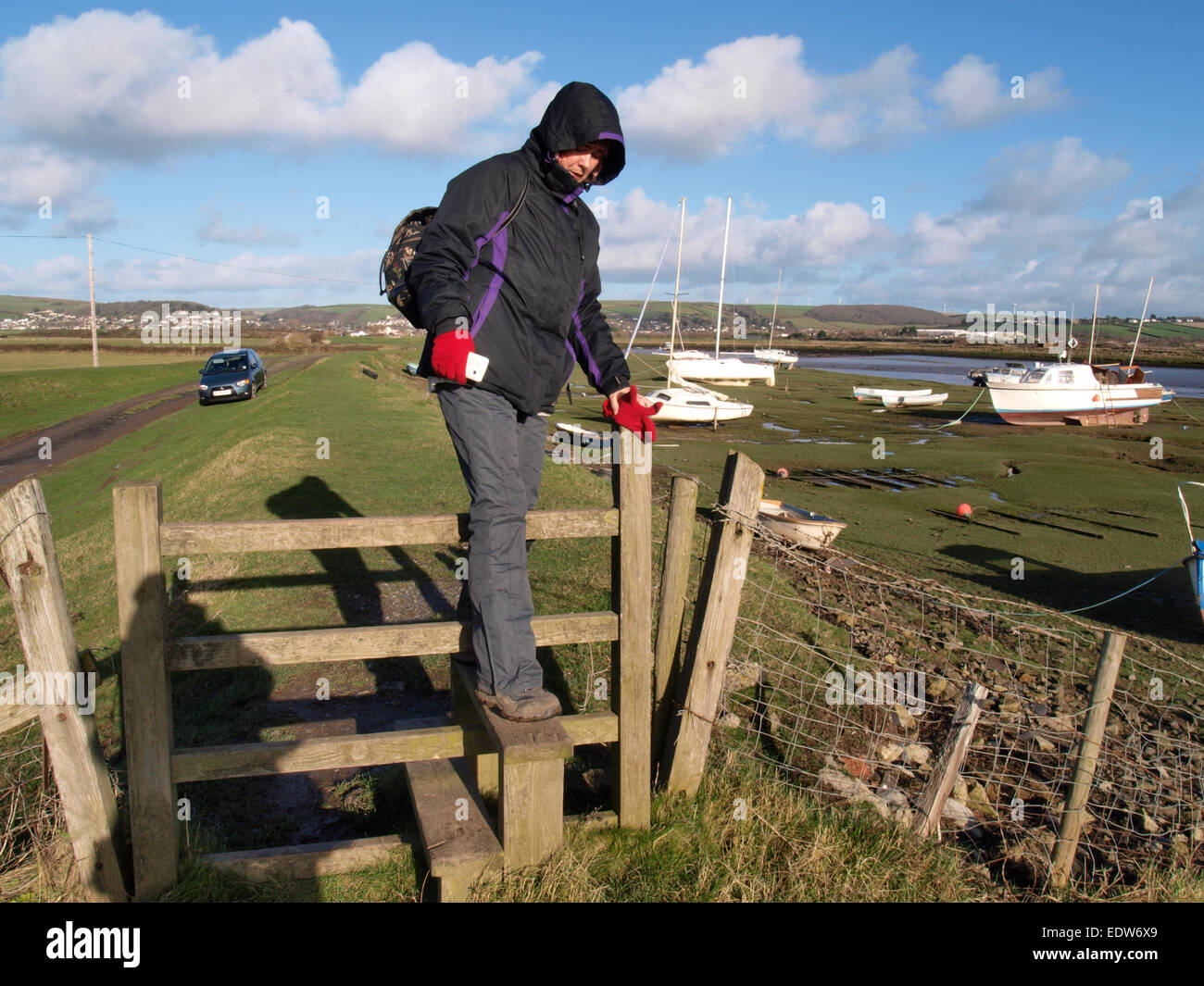 Woman climbing sur un montant en bois le long de la South West Coast Path, à côté de la rivière Caen, Ilfracombe, Devon, UK Banque D'Images