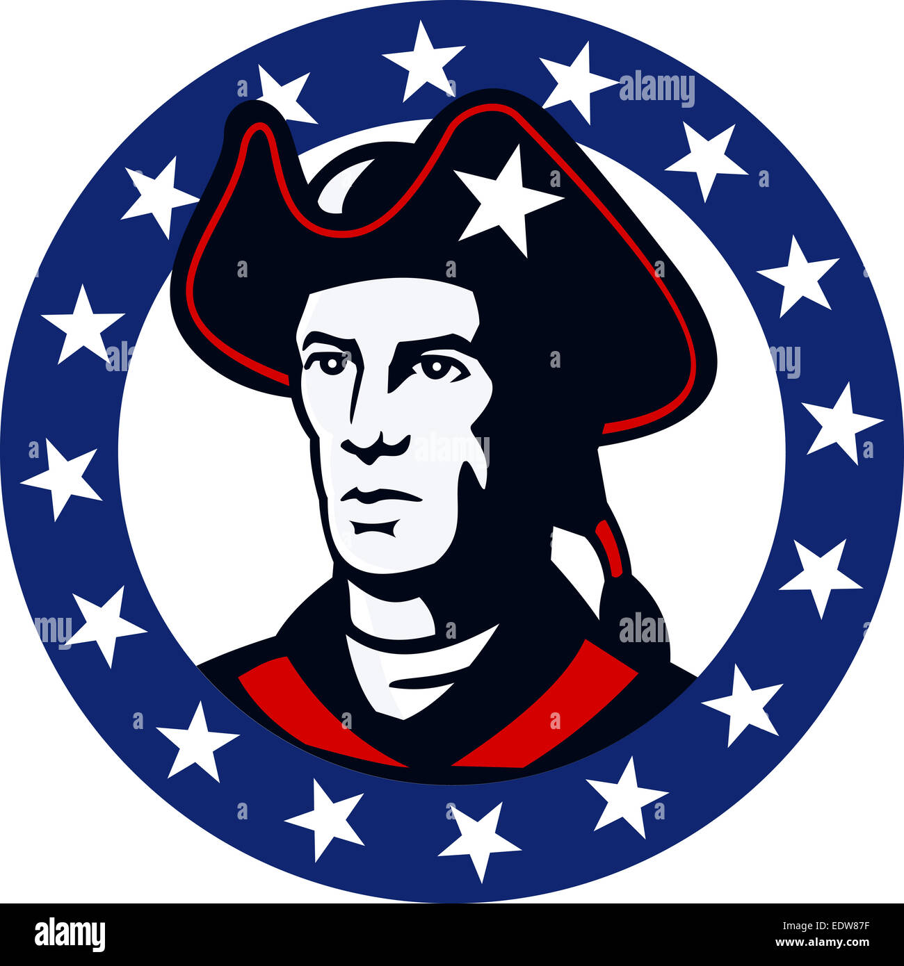 Illustration d'un patriote américain soldat révolutionnaire milice minuteman fixé à l'intérieur du cercle d'étoiles autour de fait en style rétro. Banque D'Images