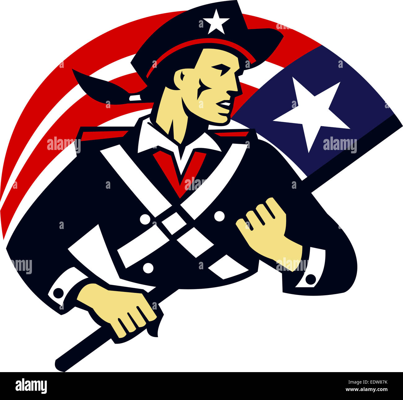 Illustration d'un patriote américain soldat révolutionnaire milice minuteman holding usa stars and stripes flag fait en style rétro. Banque D'Images