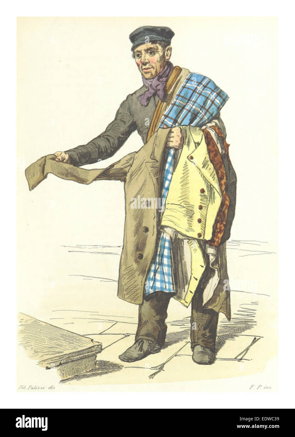Cette œuvre de Bourcard de 1853 met en vedette *il Venditore di Robe Vecchie*, ou « le vendeur de vêtements anciens », mettant en vedette une scène qui reflète la culture du marché italien. L'illustration met en évidence l'aspect social des vendeurs de rue et leur rôle dans la société italienne du XIXe siècle. Banque D'Images