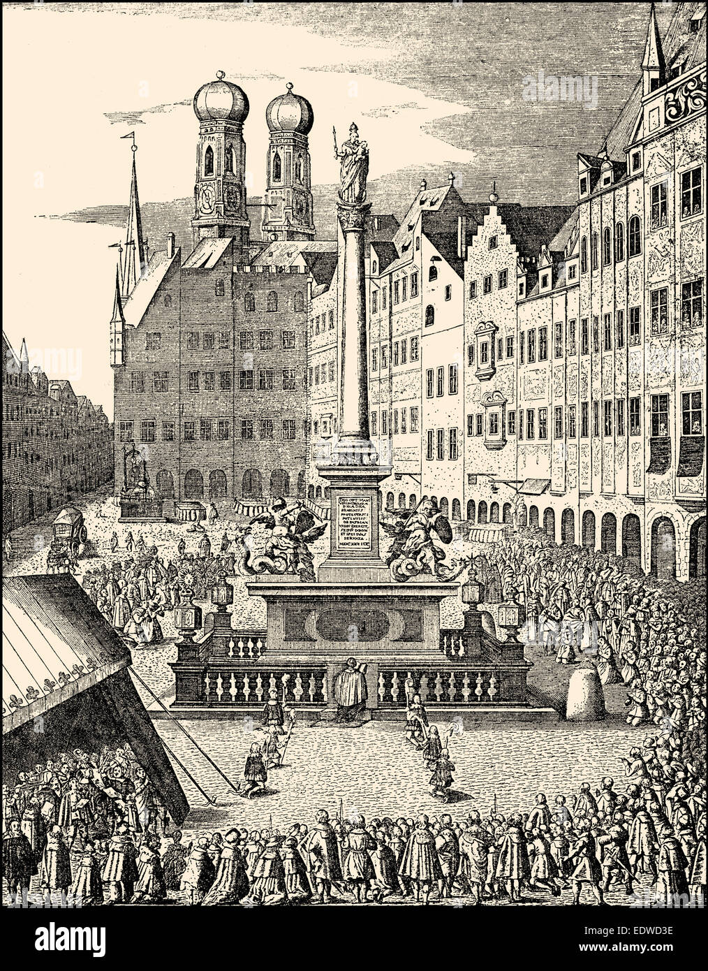 Paysage urbain historique, une Sainte Messe en face de la colonne mariale sur la Marienplatz à Munich, 17e siècle, Bavière, Allemagne, E Banque D'Images