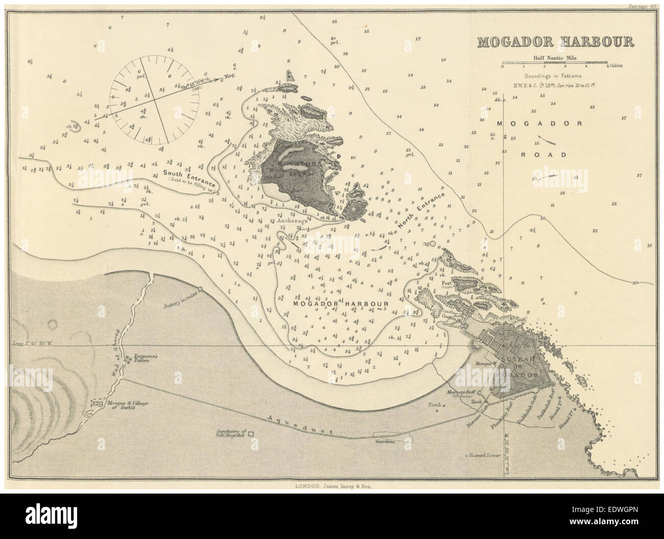 Cette carte de 1884 par Imray représente le port de Mogador, situé sur la côte atlantique du Maroc. Il se concentre sur les caractéristiques maritimes et les routes de navigation du port, essentielles pour comprendre le commerce et la géographie de la région. Banque D'Images