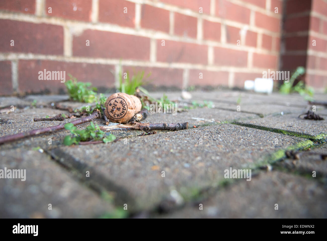 Bouchon de champagne abandonné sur un trottoir Banque D'Images