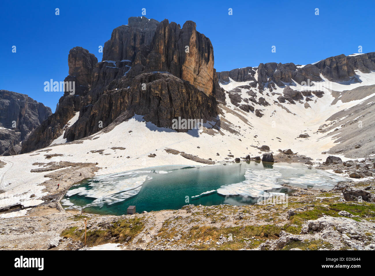 Vue d'été de Pisciadu lake et le pic de la montagne, Sella sudtirol, Italie Banque D'Images