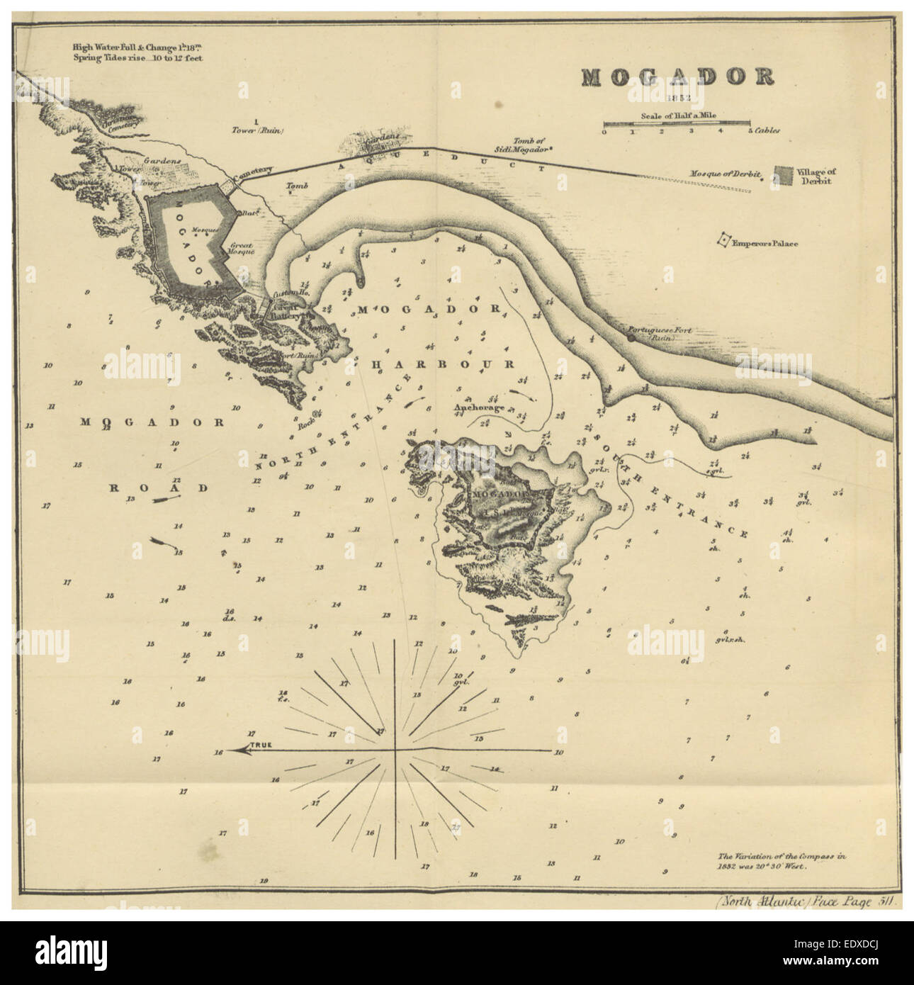 Une carte de 1869 de Mogador (aujourd'hui Essaouira), au Maroc, telle que représentée dans l'œuvre de Rosser. La carte met en évidence le port de la ville et ses environs au XIXe siècle. Banque D'Images
