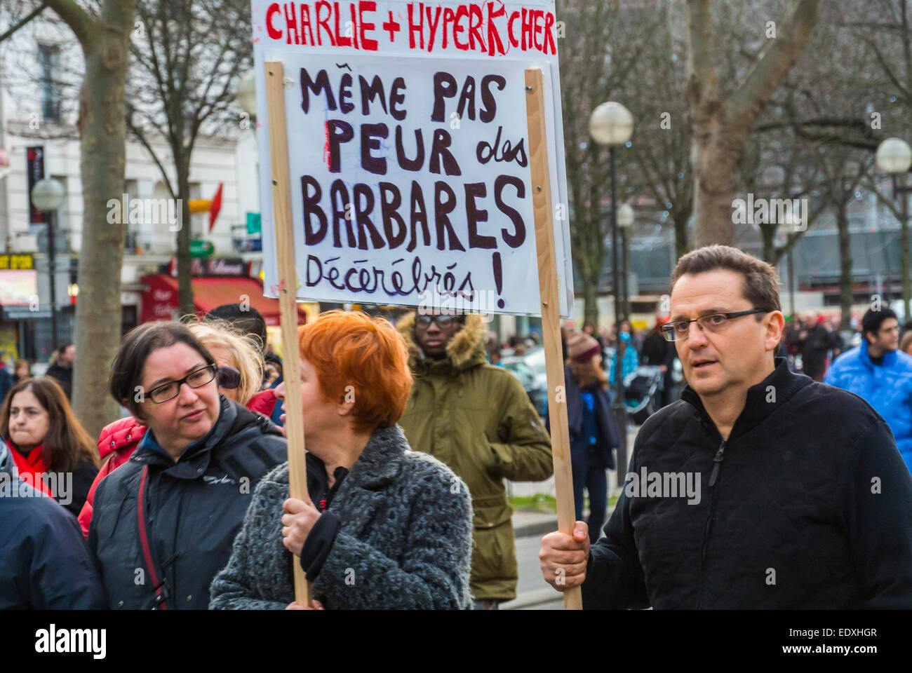 Paris, France. Les gens défilent dans la manifestation nationale contre le terrorisme, après l'attaque contre le journal français "Charlie Hebdo", "je suis Charlie paris" Banque D'Images