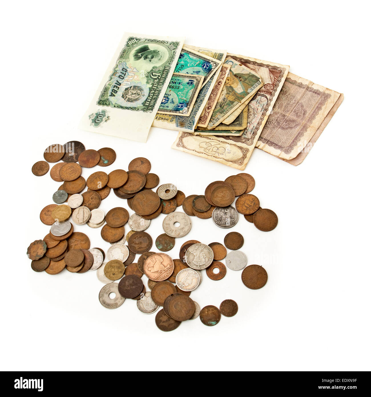 Collection de pièces de monnaie étrangère et vintage britannique et notes Banque D'Images