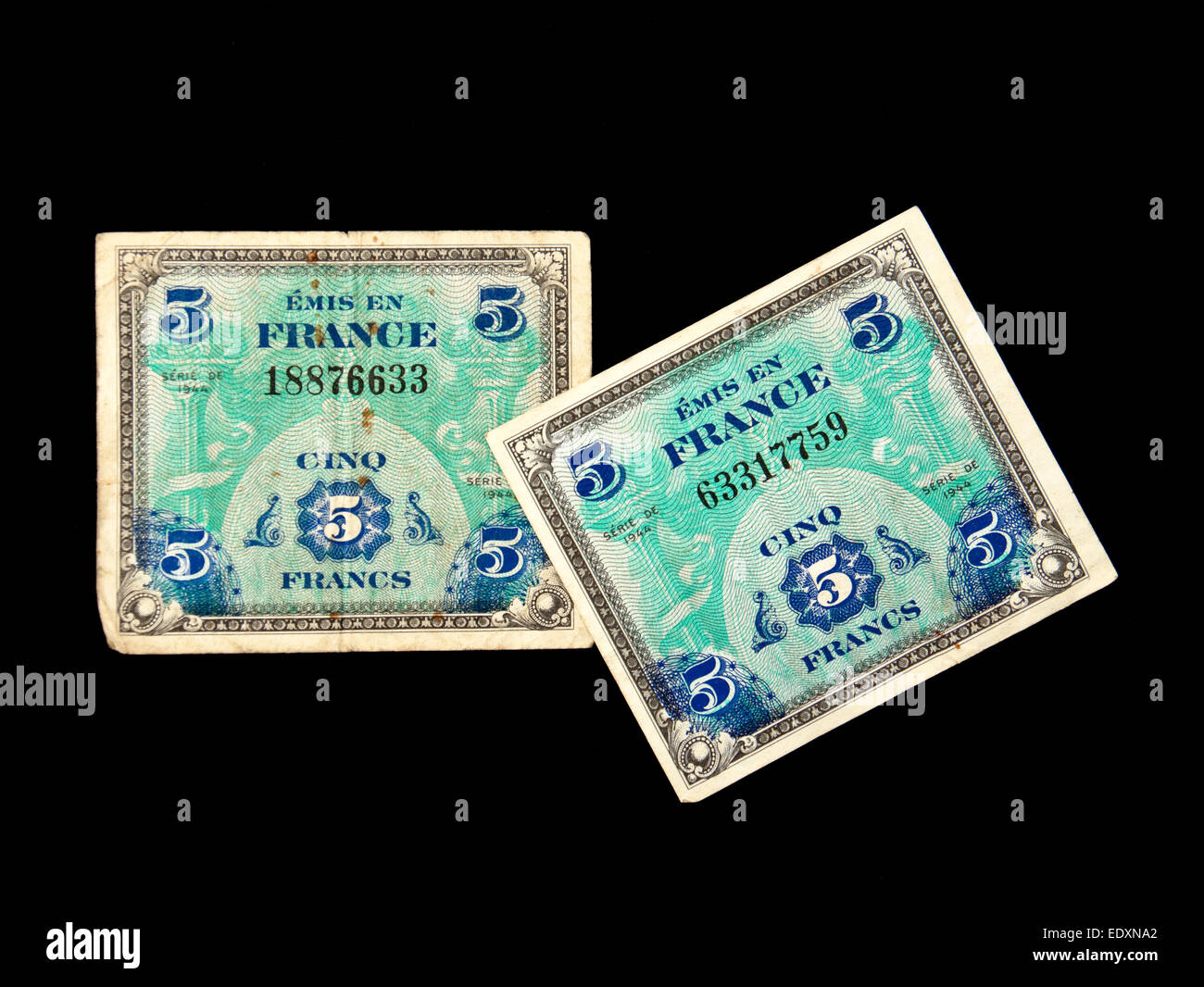 Vintage French WW2 (5-billets Francs) émis par le gouvernement militaire allié des territoires occupés (AM) en 1944 Banque D'Images