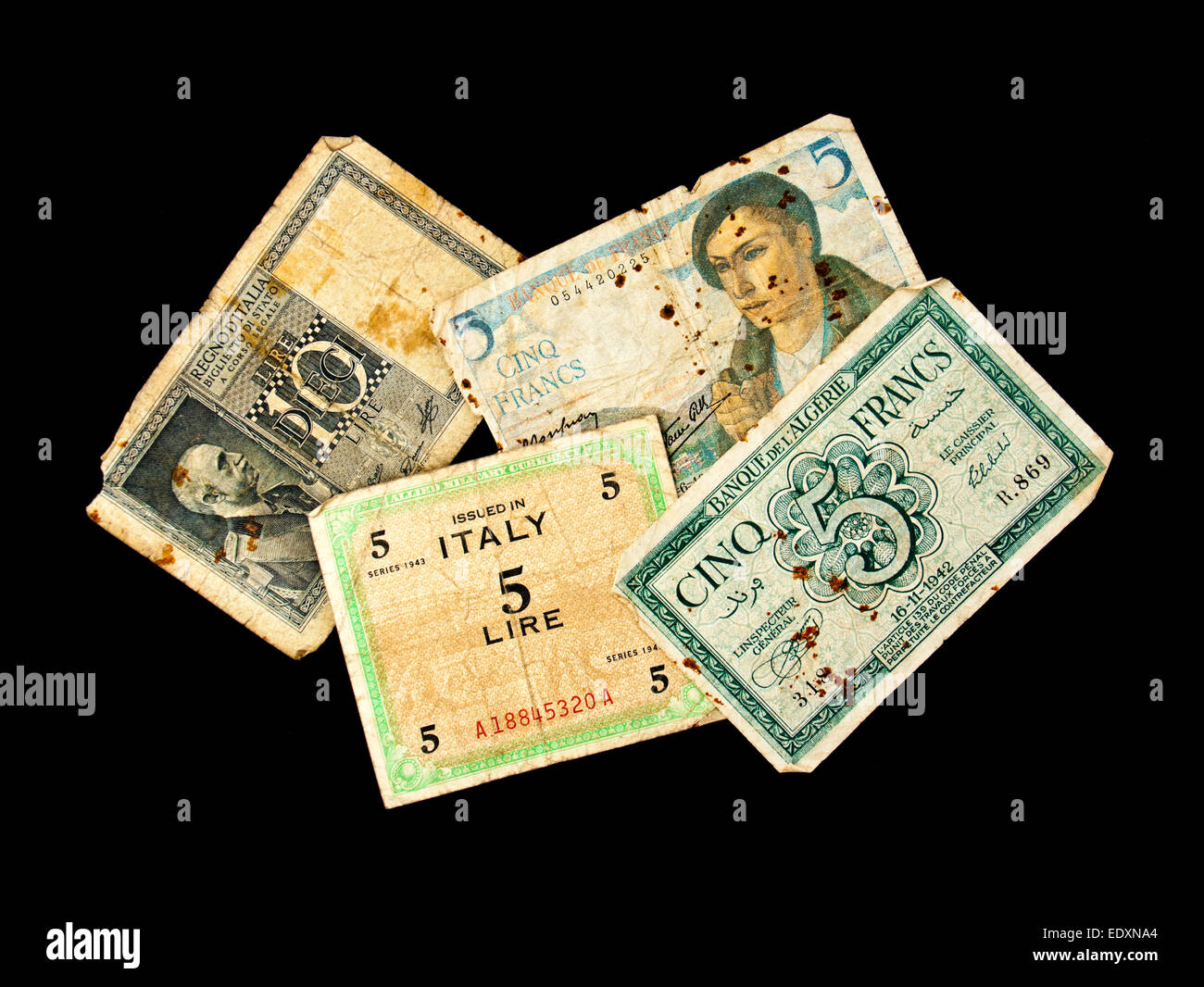 Sélection de 1940 WW2 guerre des billets de l'Italie, la France et l'Algérie Banque D'Images