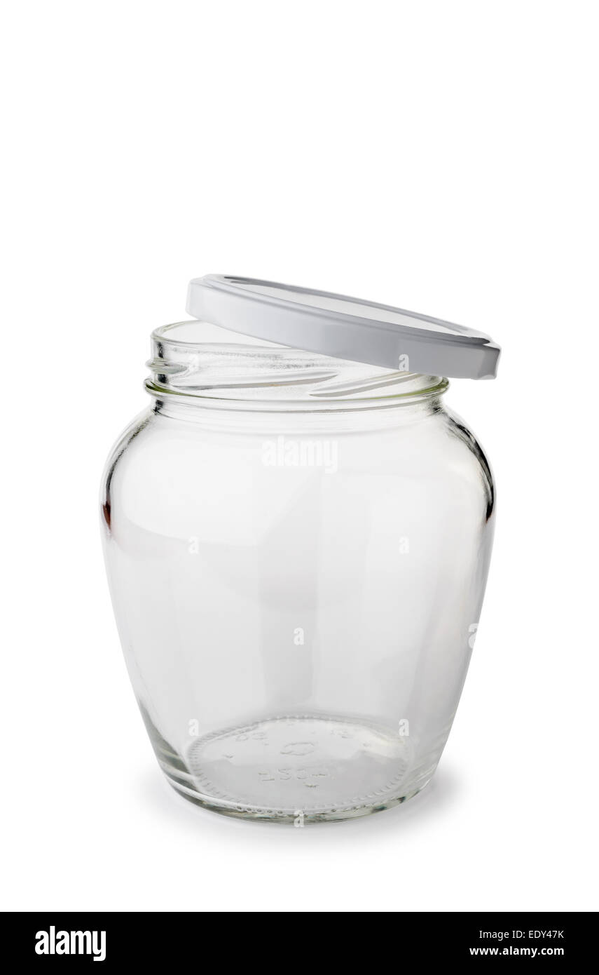 Un verre vide ouvert paunchy Bocal avec couvercle isolé sur fond blanc Banque D'Images