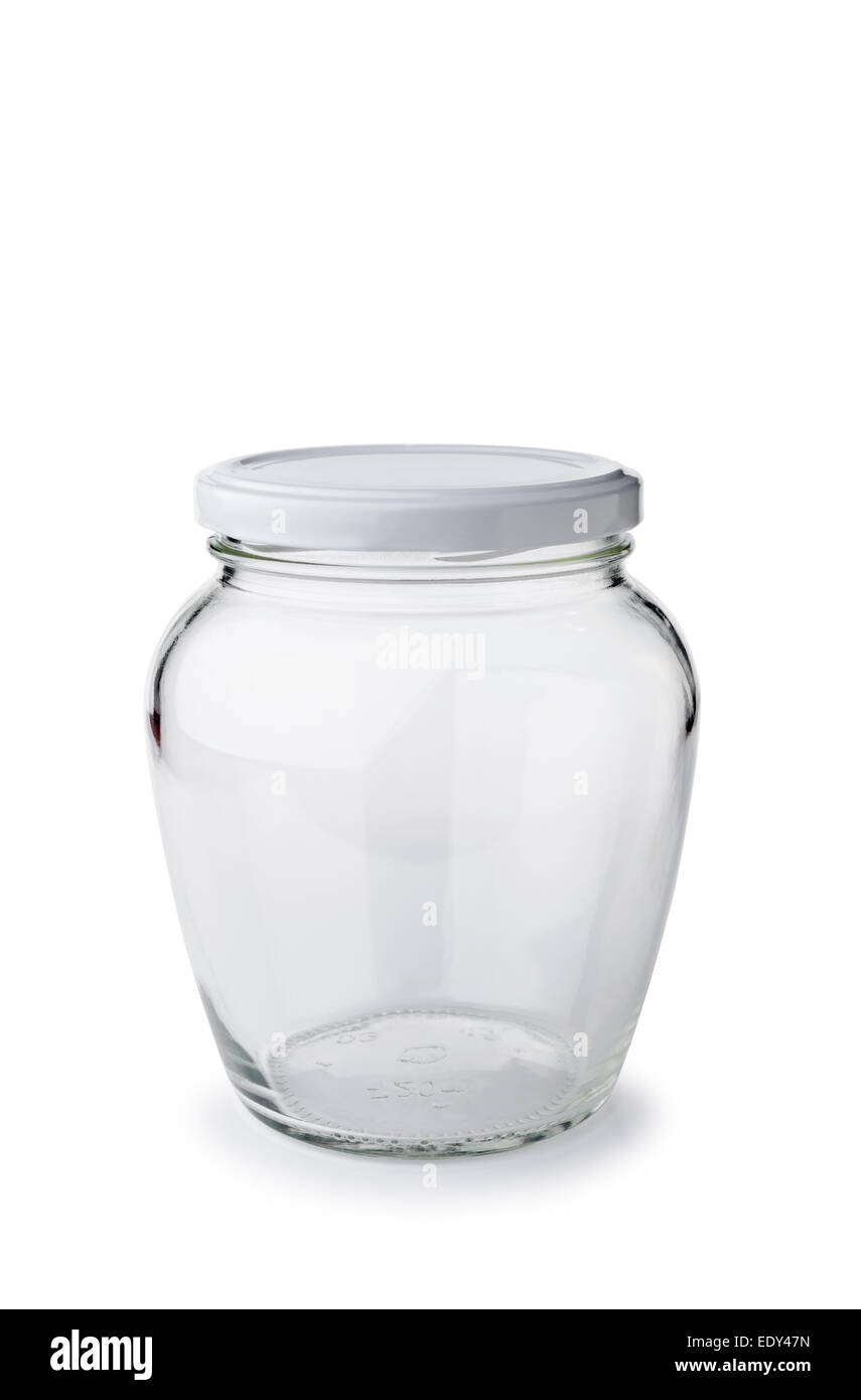 Un pot en verre vide fermé paunchy isolé sur fond blanc Banque D'Images