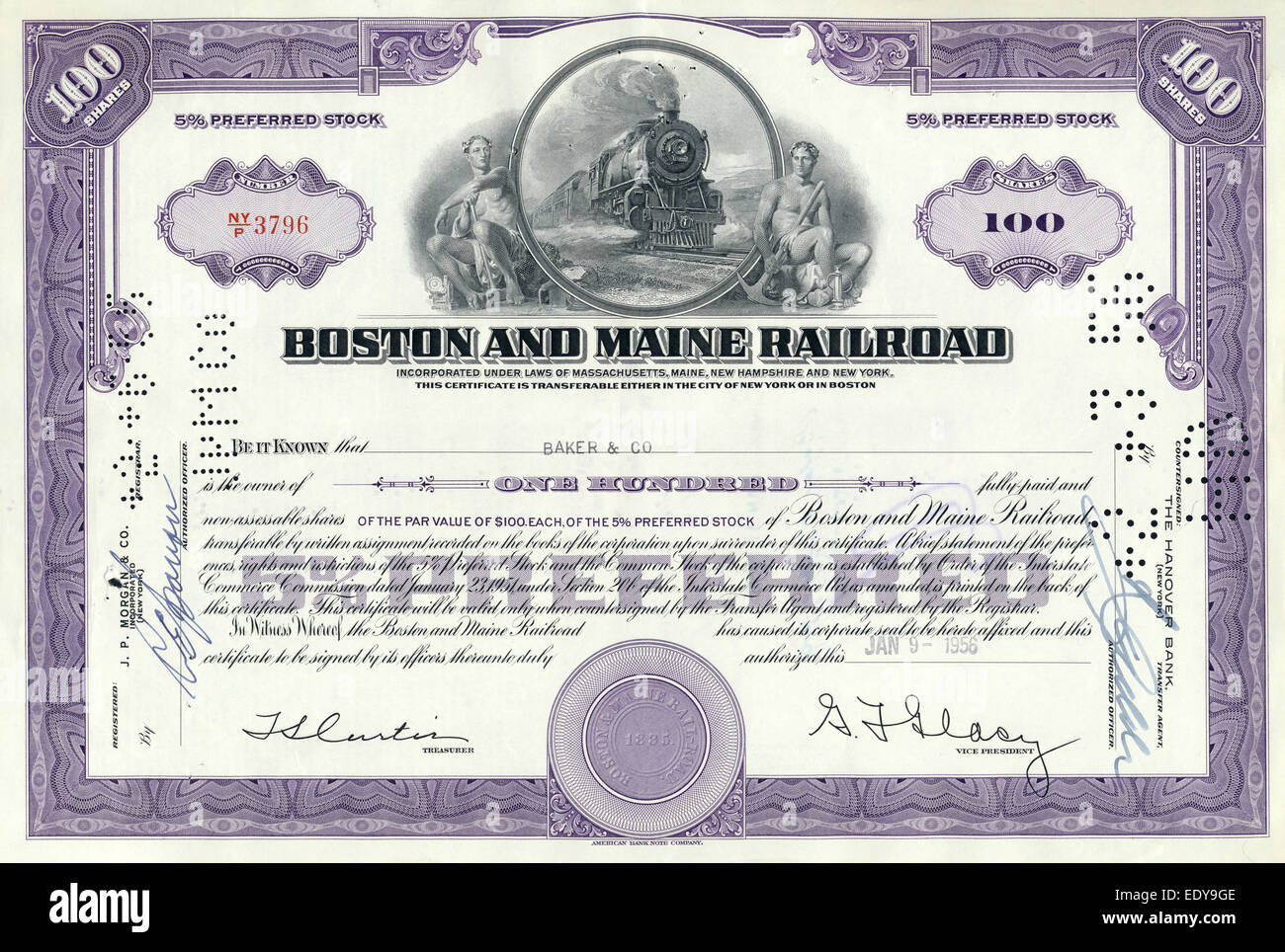Certificat d'action historique, Boston and Maine Railroad, USA, 1956 Banque D'Images
