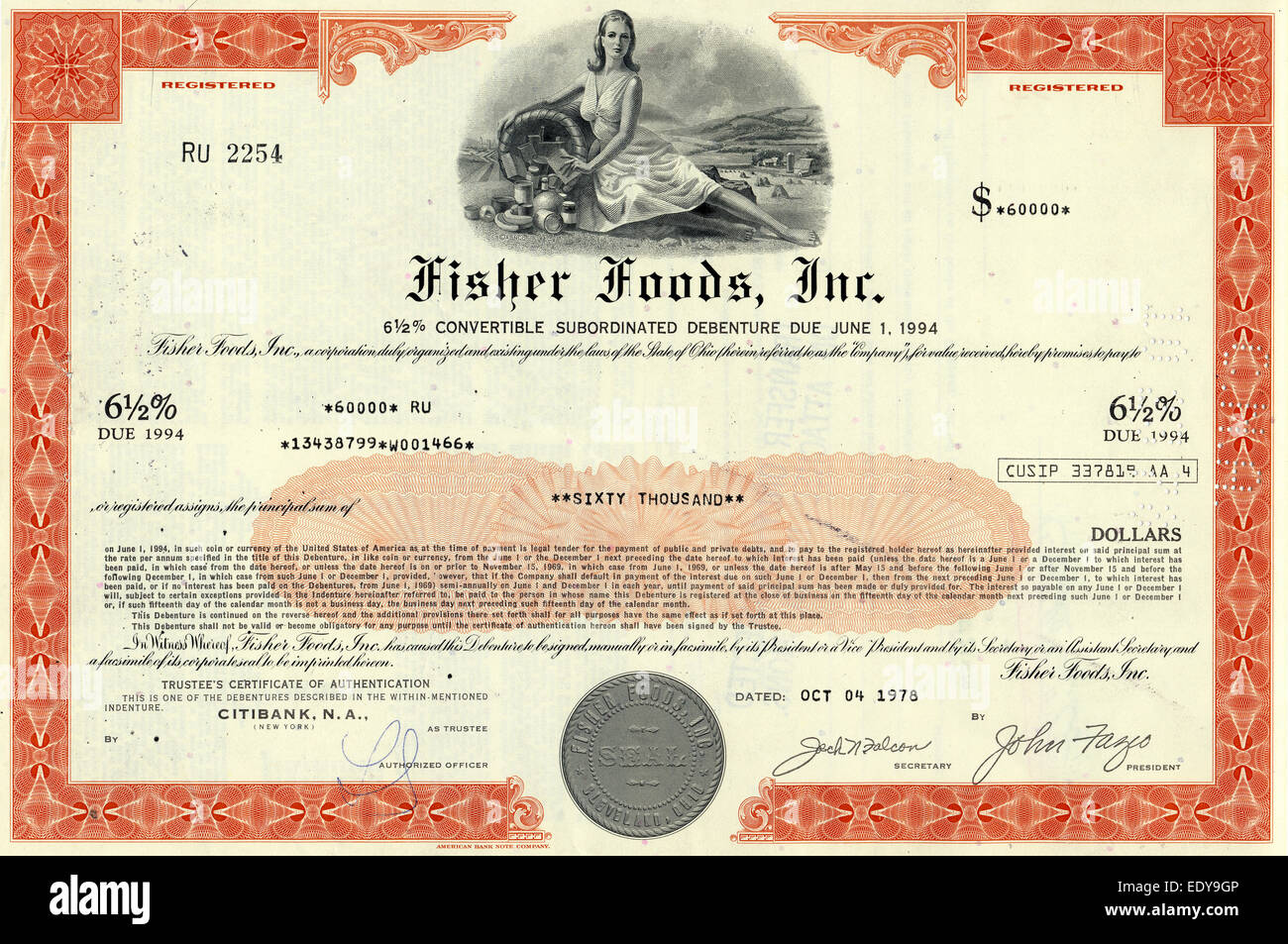 Certificat d'actions historiques, Fisher Foods, Inc. de l'Ohio, aux États-Unis, 1978 Banque D'Images