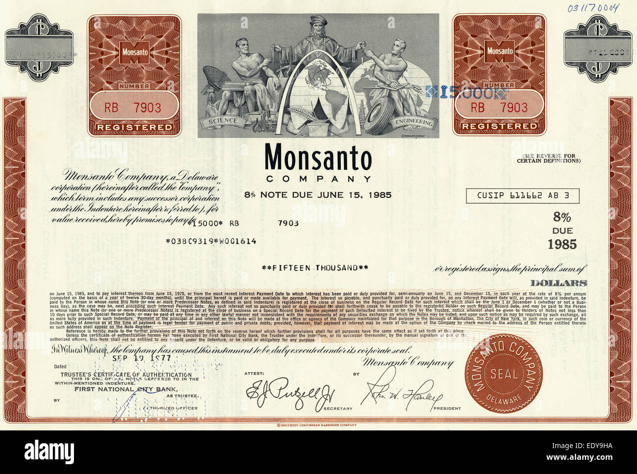 Certificat d'actions historiques, représentation allégorique de la recherche mondiale en ingénierie et chimie, Monsanto Banque D'Images